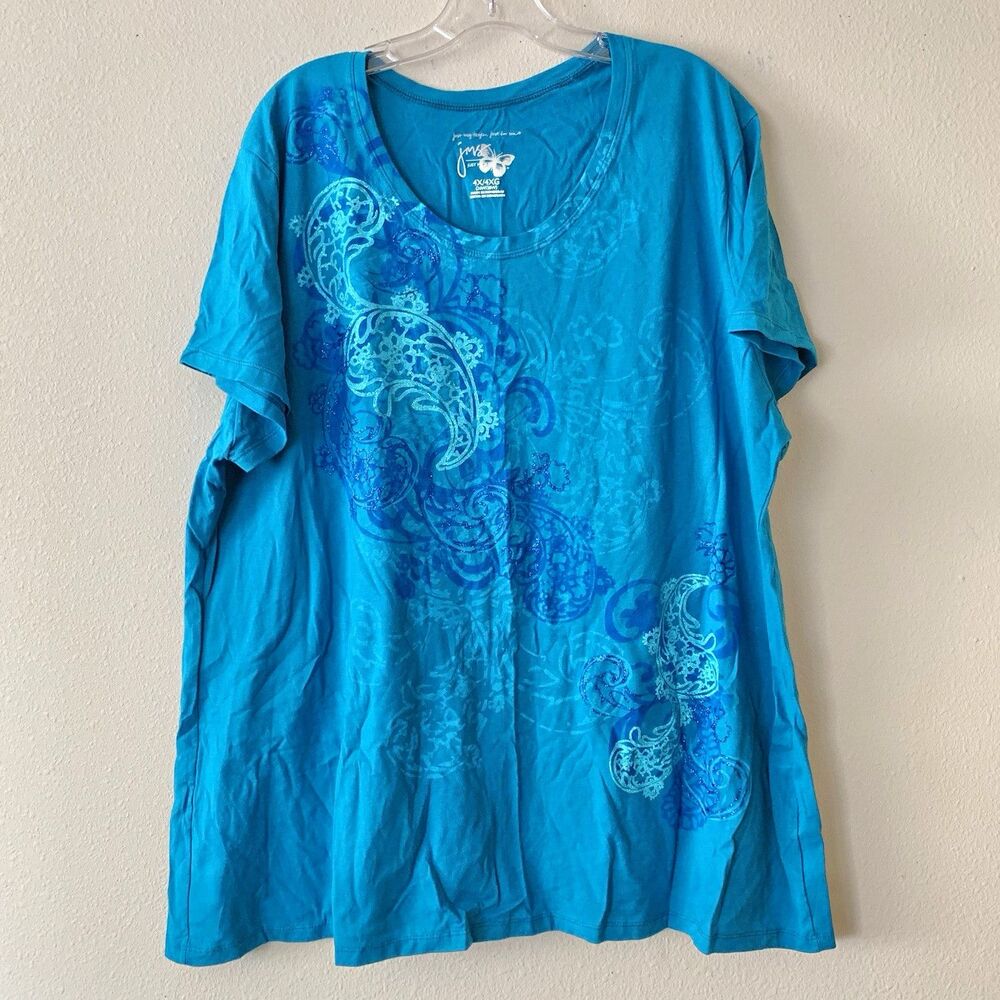 Just My Size Teal Blue Womens Paisley Scoop Neck Short Sleeve Glitter T-Shirt 4X